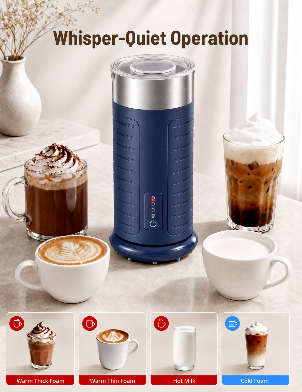 Stainless Steel MF017 Milk Frother, Waterproof & Fully Dishwasher Safe, 4 Modes for Hot/Cold Foam, Latte, Cappuccino, One-Touch Operation, Ergonomic Grip, Compact Coffee Maker