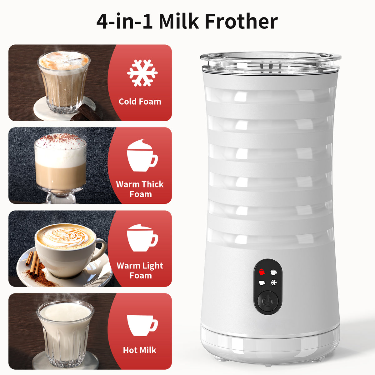 Mirdred MF010 Milk Frother ,4-in-1 Milk Frother Temperature Control, Auto Shut-Off