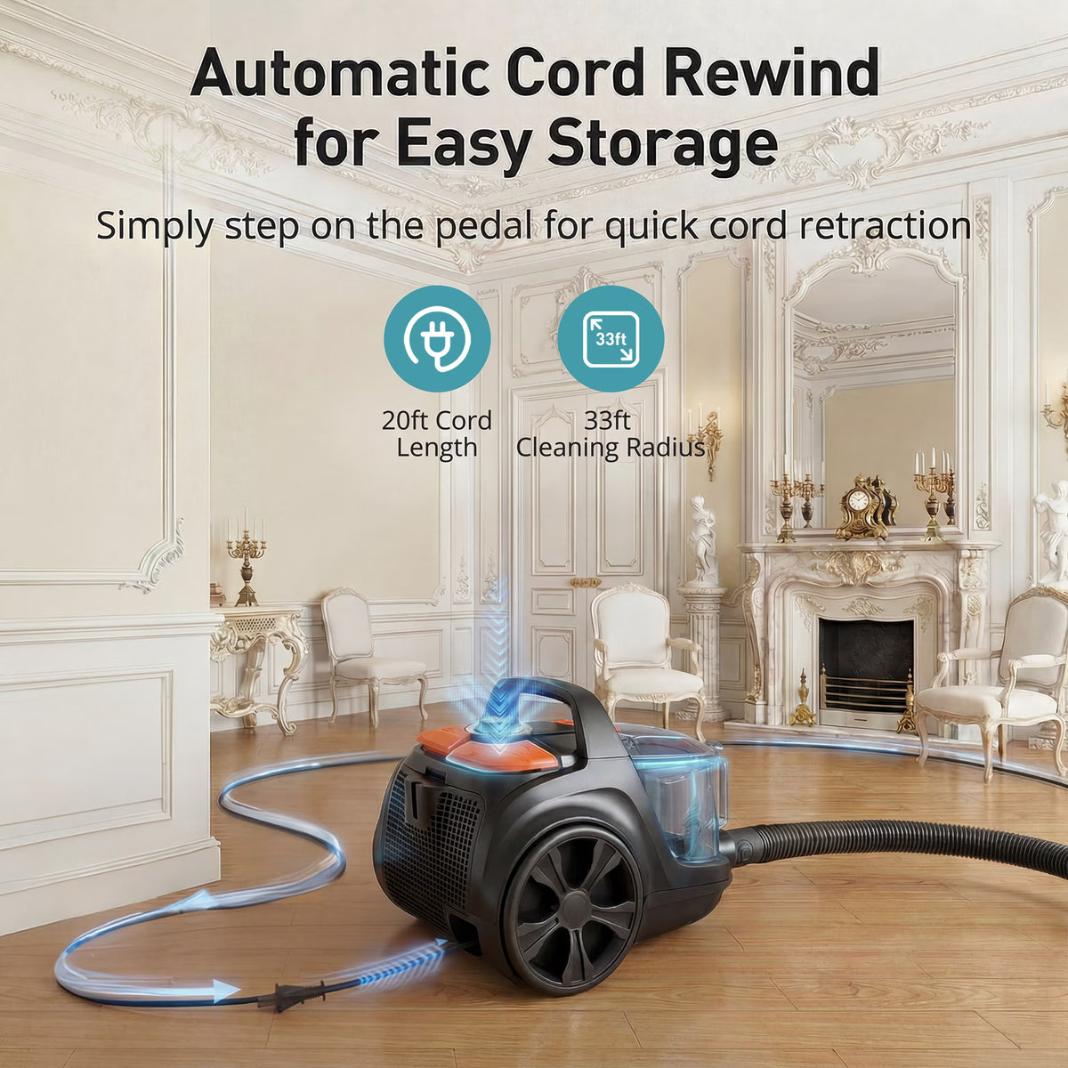 TaoTronics Canister Vacuum Cleaner, 30Kpa Powerful Suction, Bagless with 3.7QT Large Dust Cup, Auto Cord Rewind, HEPA Filter, 5 Attachments, Lightweight Vacuum for Pet Hair, Hard Floors & Car