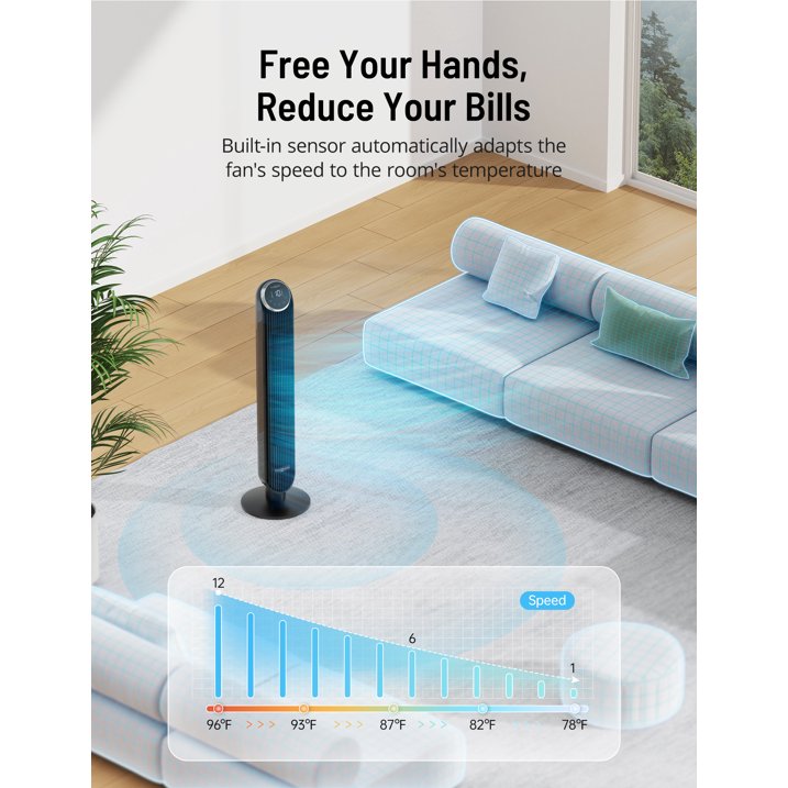Tower Fan, 42” Bladeless Fan, 120° Oscillating Fan, 45 dB Quiet DC Motor, 12 Speeds, 4 Modes, Dustproof Mesh Filter, 12H Timer, Standing Fan with Remote for Bedroom, Home, Office