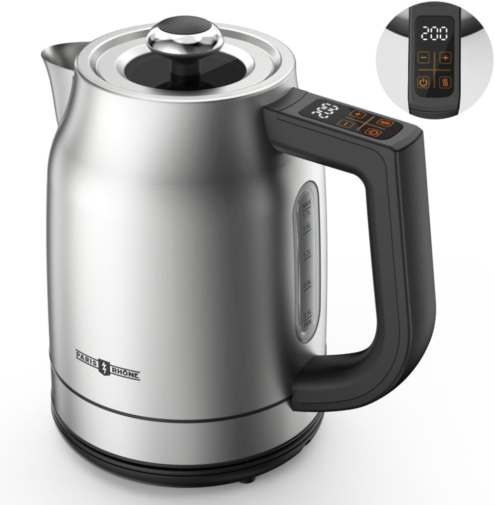 Paris Rhône Stainless Steel Electric Kettle, 1.7L 1500W Kettle with 13 Temperature Settings, Strix Thermostat, LED Display&Touch Control, Auto Shut-Off Protection, Boil Dry Protection
