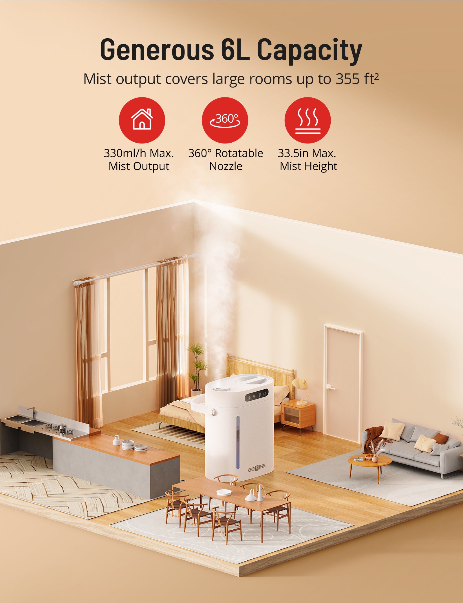 Paris Rhône Top Mist Humidifier AH033, With Touch Control 6L Cool-Humidifiers-ParisRhone