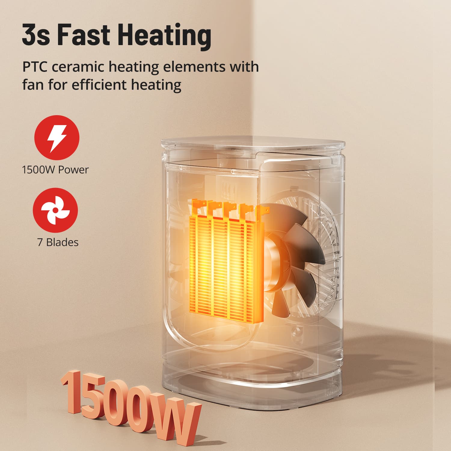 Paris Rhône Space Heater HE010, 1500W Fast Heating Portable Heater-Space Heaters-ParisRhone