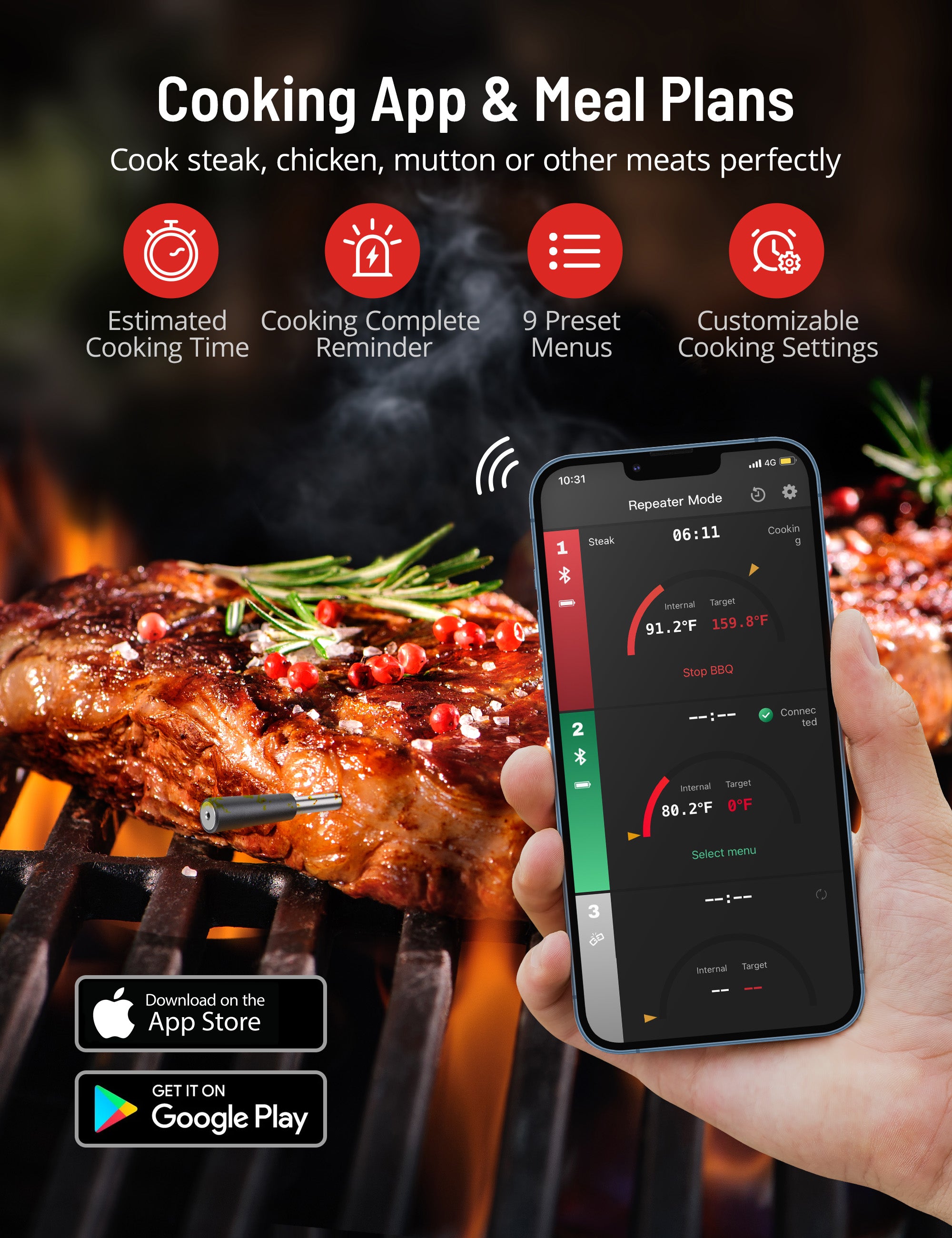 Paris Rhône Meat Thermometer TM001, Advanced APP Cooking Guides Wireless-Cooking Thermometers-ParisRhone