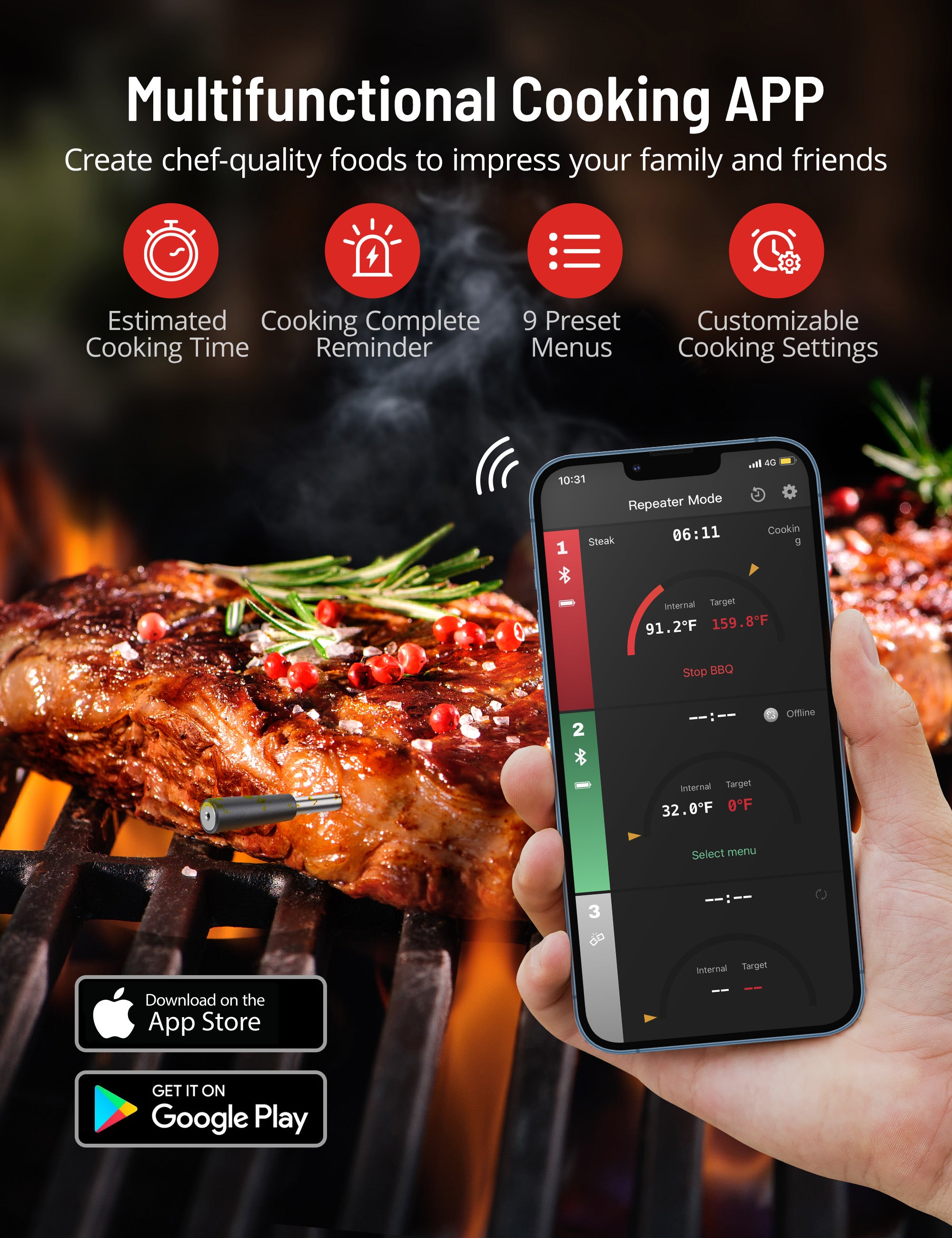 Paris Rhône Meat Thermometer TM001, Advanced APP Cooking Guides Wireless