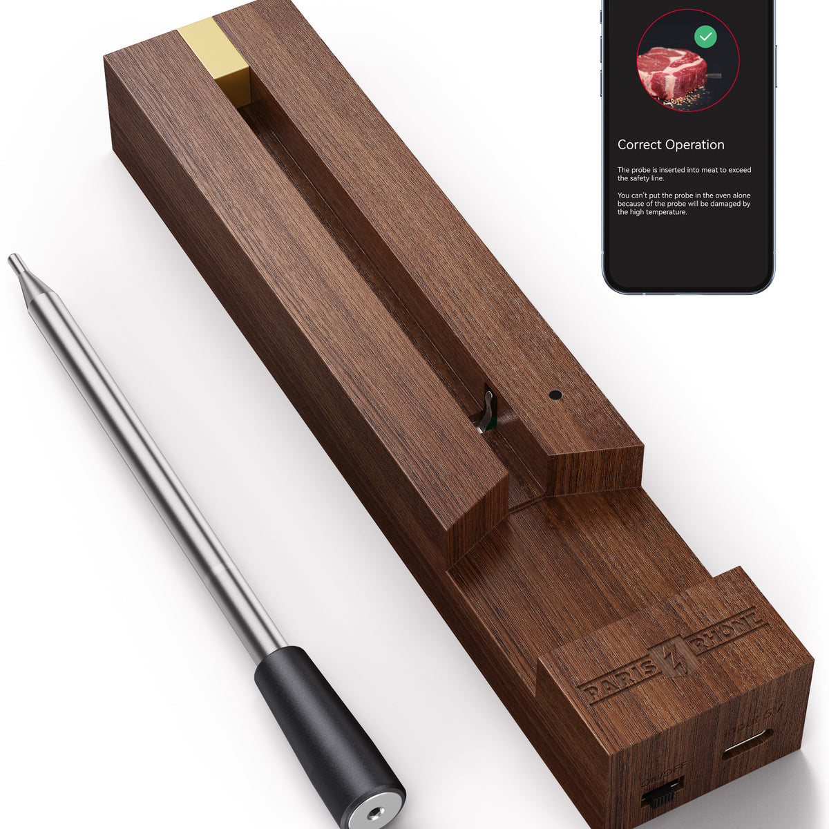 Paris Rhône Meat Thermometer TM001, Advanced App Cooking Guides Wireless, 2-Probe / Black Walnut