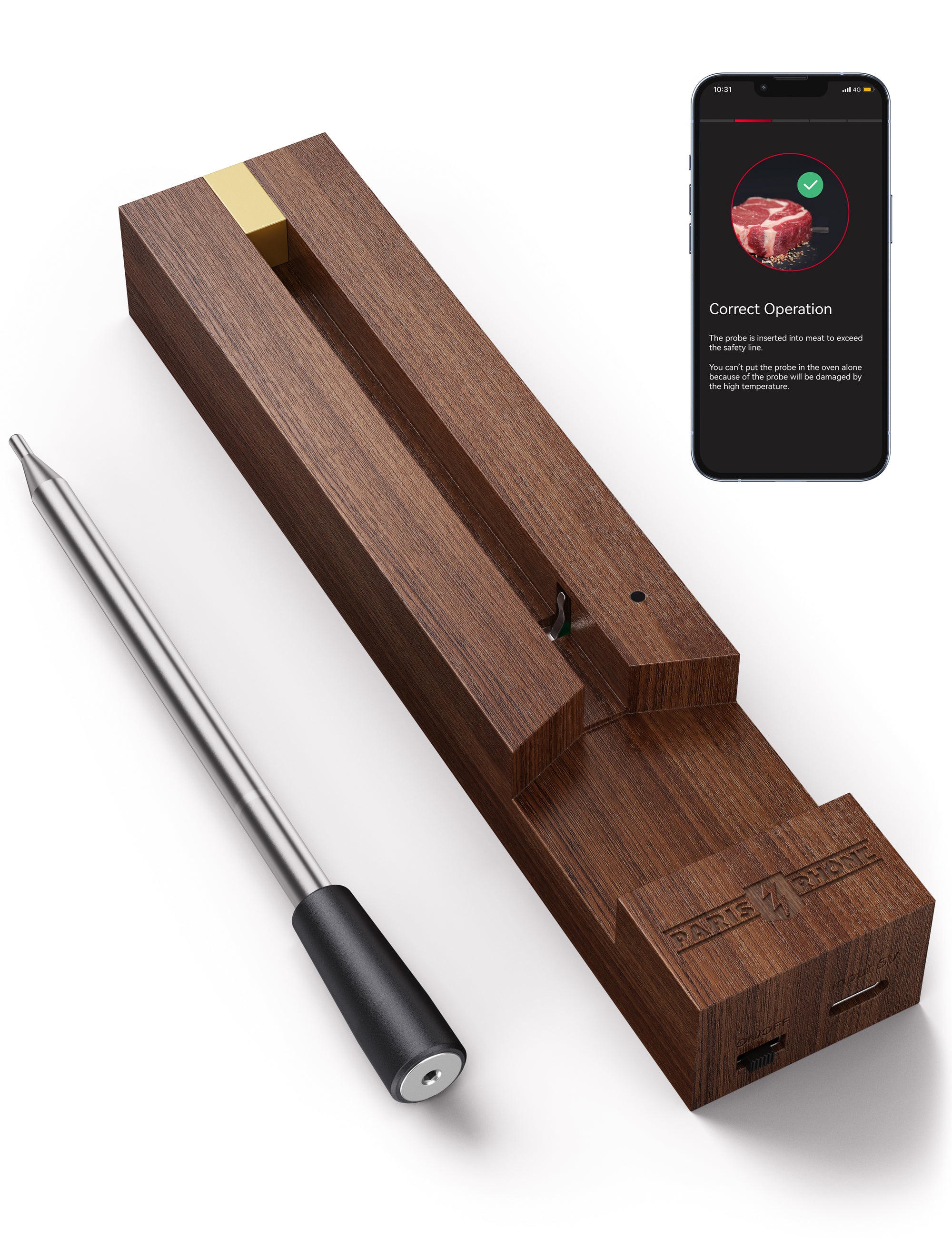 Paris Rhône Meat Thermometer TM001, Advanced App Cooking Guides Wireless, 1-Probe / Black Walnut