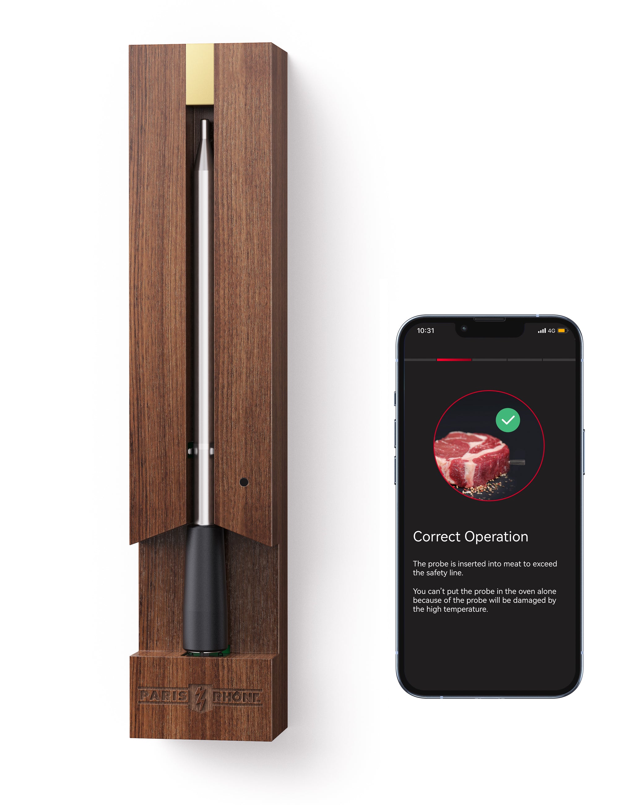 Paris Rhône Meat Thermometer TM001, Advanced App Cooking Guides Wireless, 1-Probe / Black Walnut