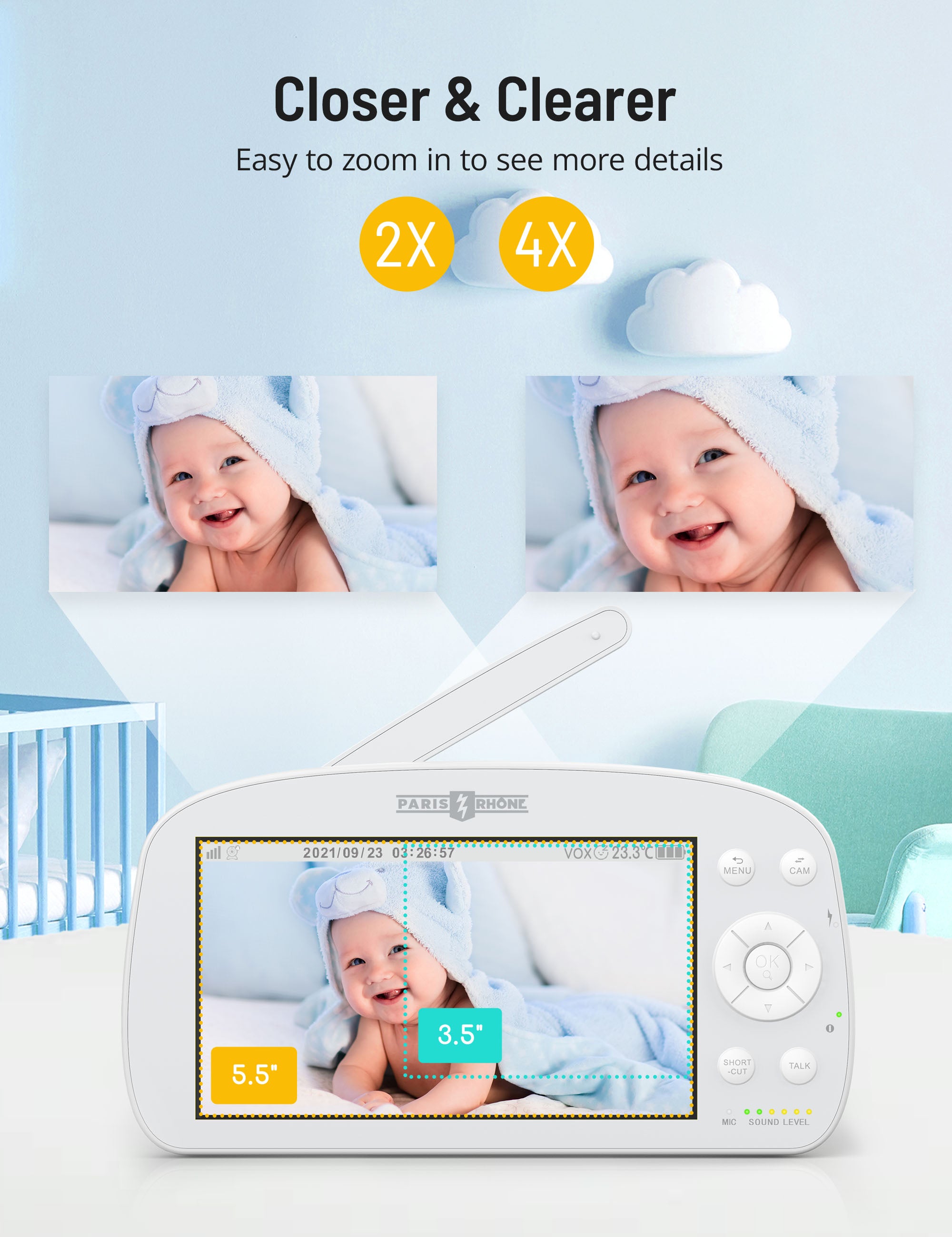 7Electronic Baby Monitor with 2 Camera Split Screen Pan Tilt 4X
