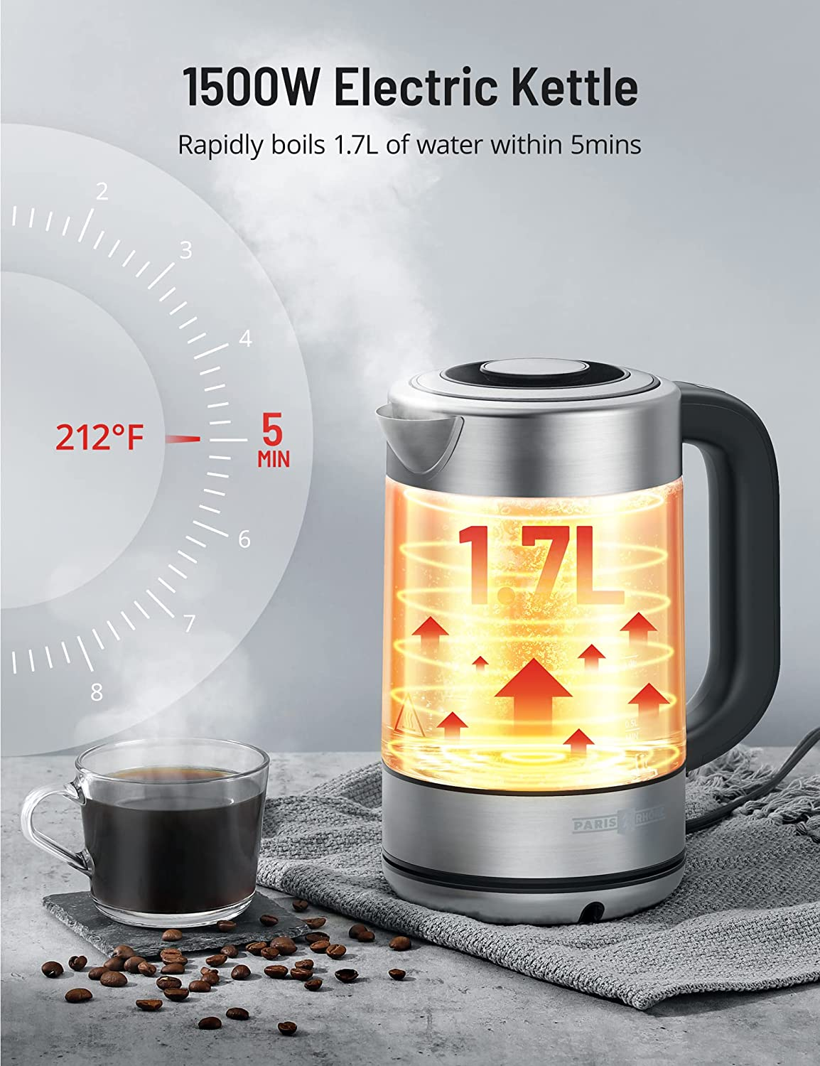 Paris-Rhône 1.7L Electric Tea Kettle with 6 Temperature Settings PE-EK009